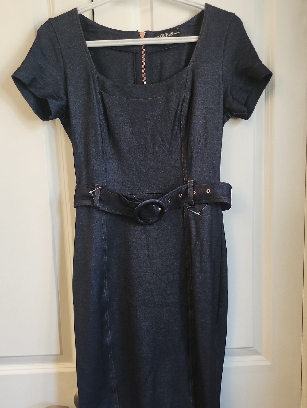 Guess Dark Blue Denim Midi Sheath Dress with Belt